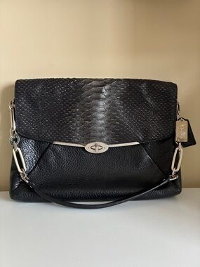 NWT Coach MADISON Black Leather Shoulder Bag with Snakeskin-Embossed Flap